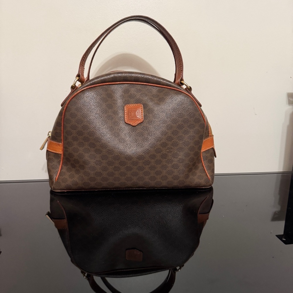 Celine Brown Macadam Leather Top Handle Hand Bag Authentic